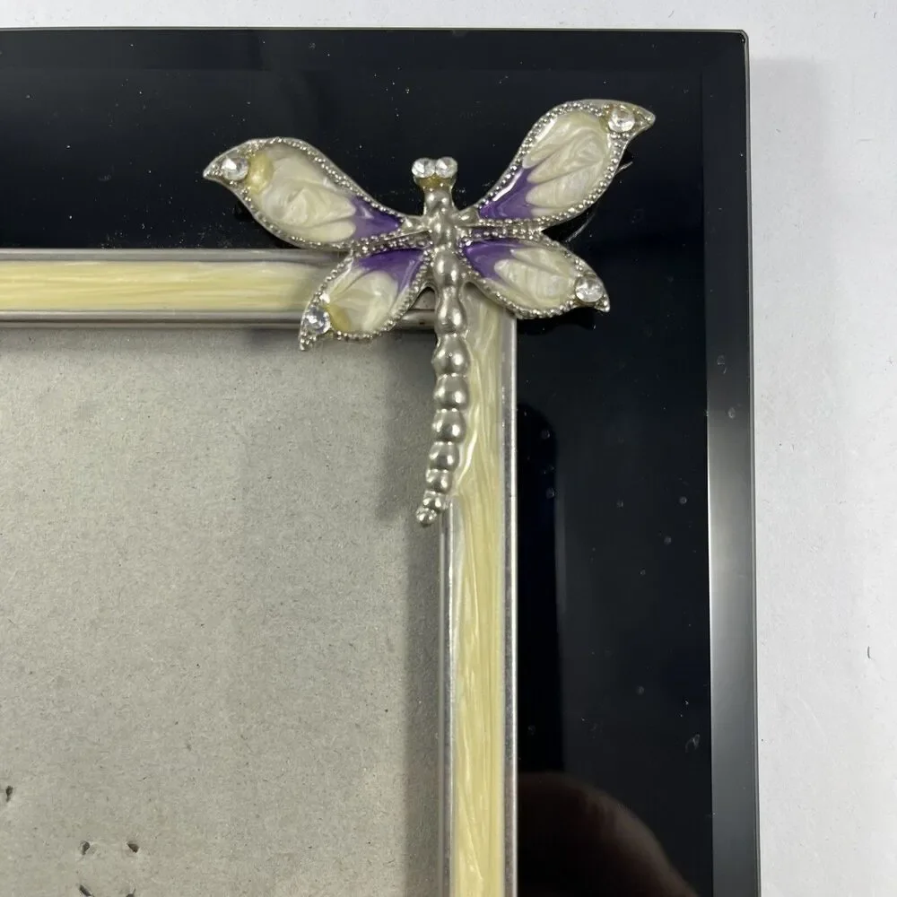 Dragonfly Flower 4x6 Photo Frame Black Enamel Ivory Accent Decorative Frame